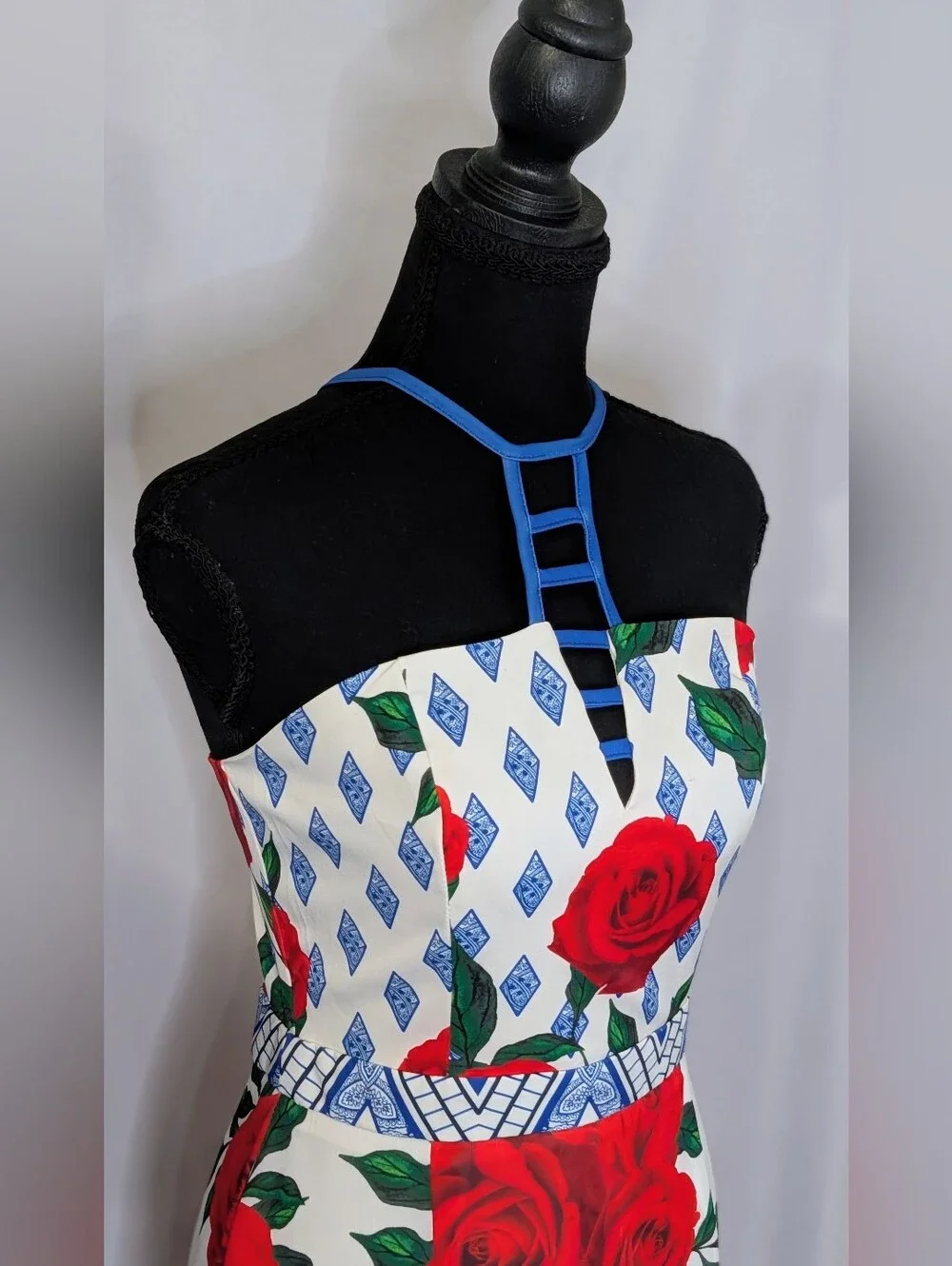 LUXMI Rose Floral Halter Maxi Dress Size S Blue Red High Slit